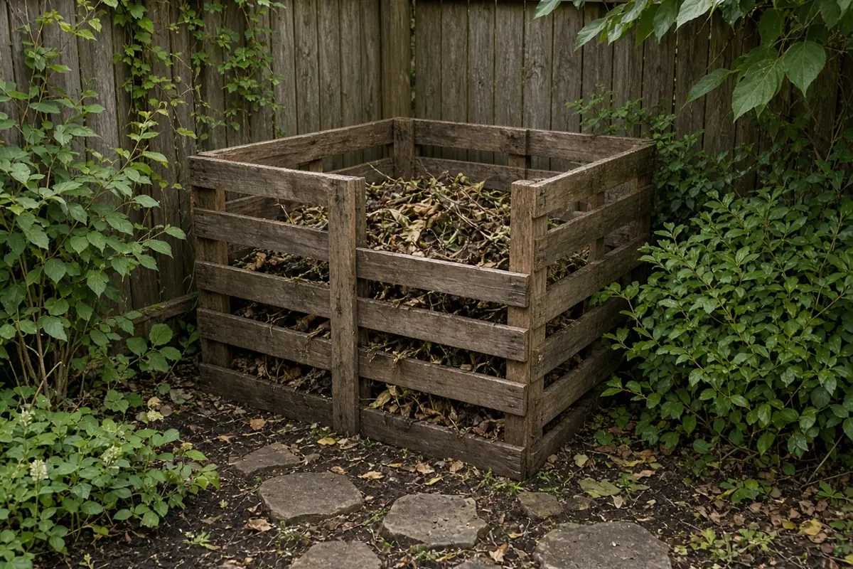 Homemade compost bin in a backyard