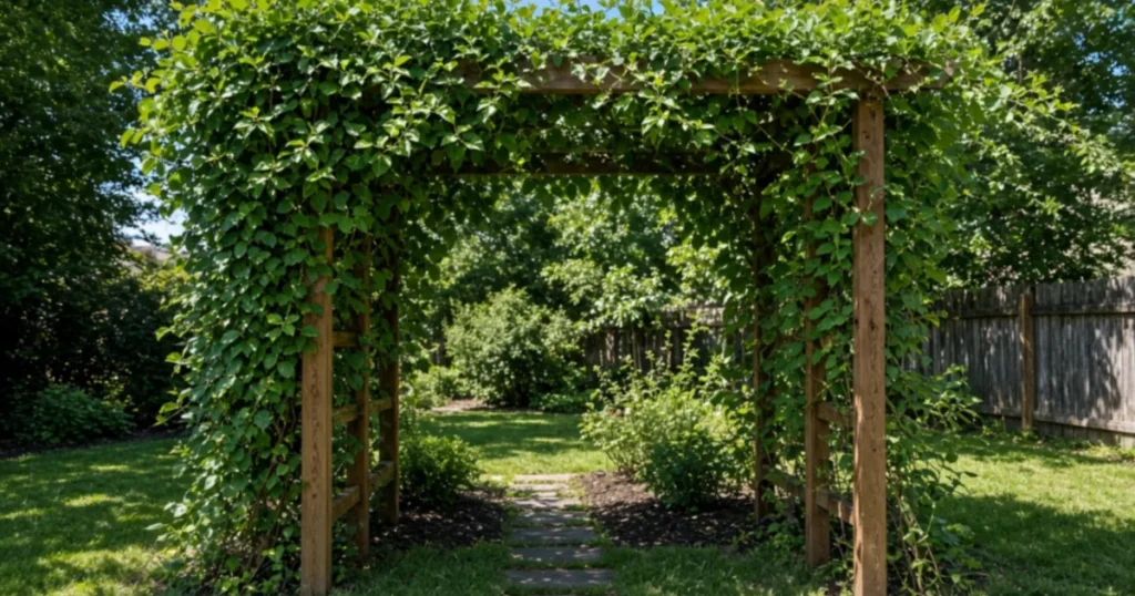 Leafy honeysuckle vine covering a wooden arbor without flowers