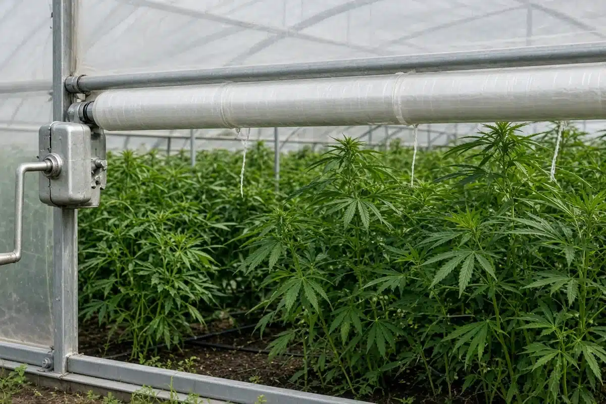 Roll up sidewall on a hoop house lifted partway, showing the crank handle and rows of cannabis inside