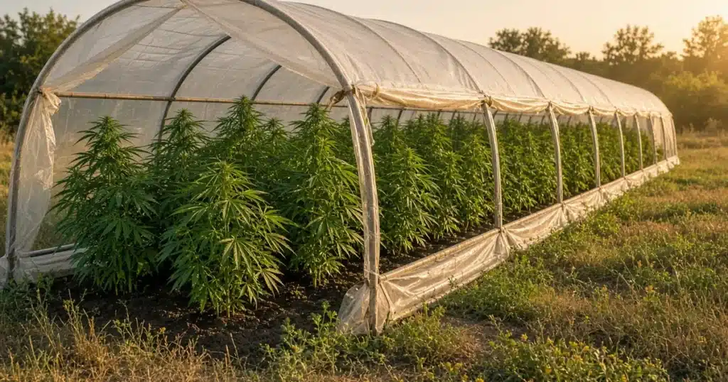 Long plastic covered hoop house with roll up sides open over a row of tall cannabis plants in late summer