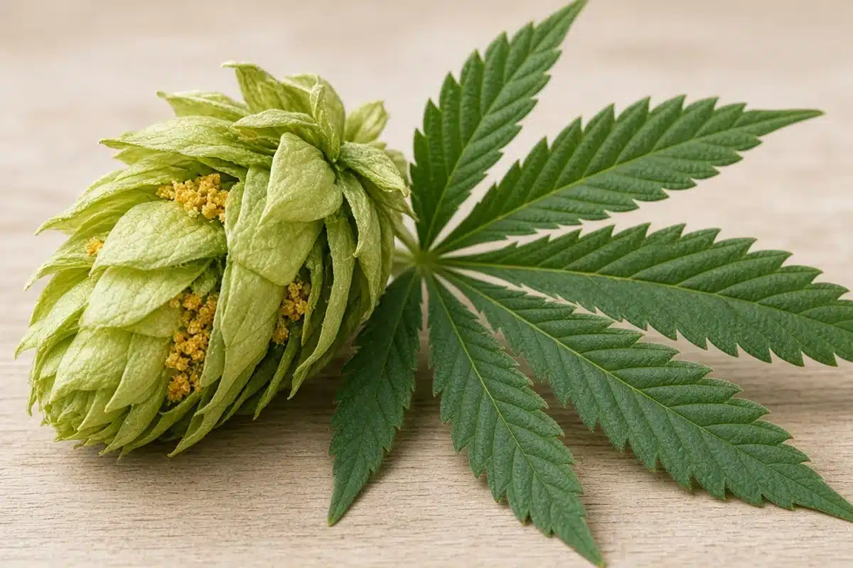 Close view of a papery green hop cone with golden lupulin showing between its bracts next to a cannabis leaf