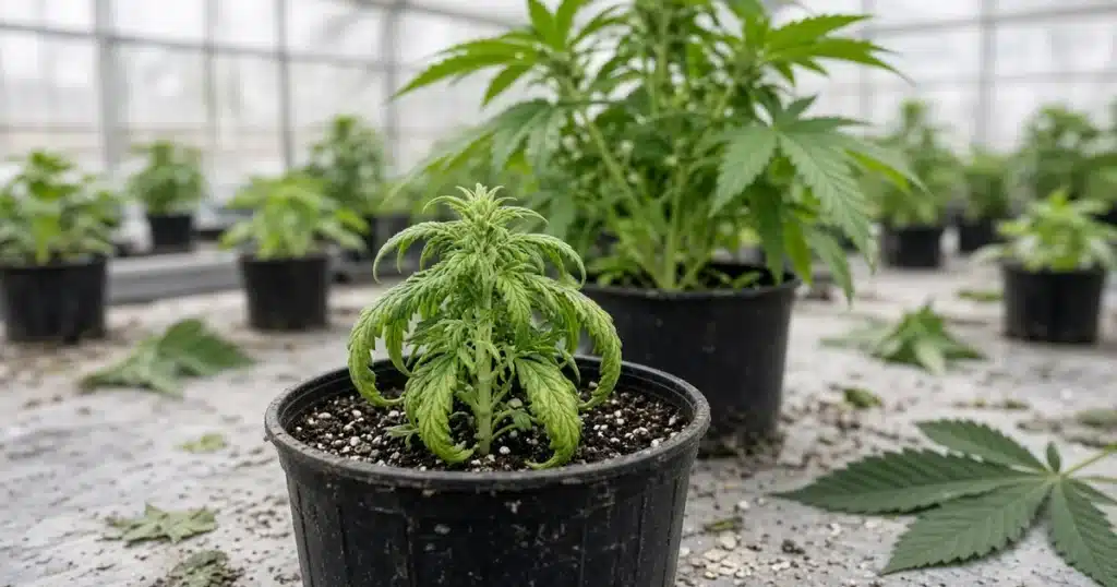 Close view of stunted cannabis plant with small, curled leaves in a greenhouse