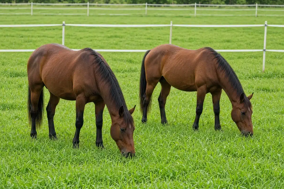 Horses grazing a fresh paddock with tall grass