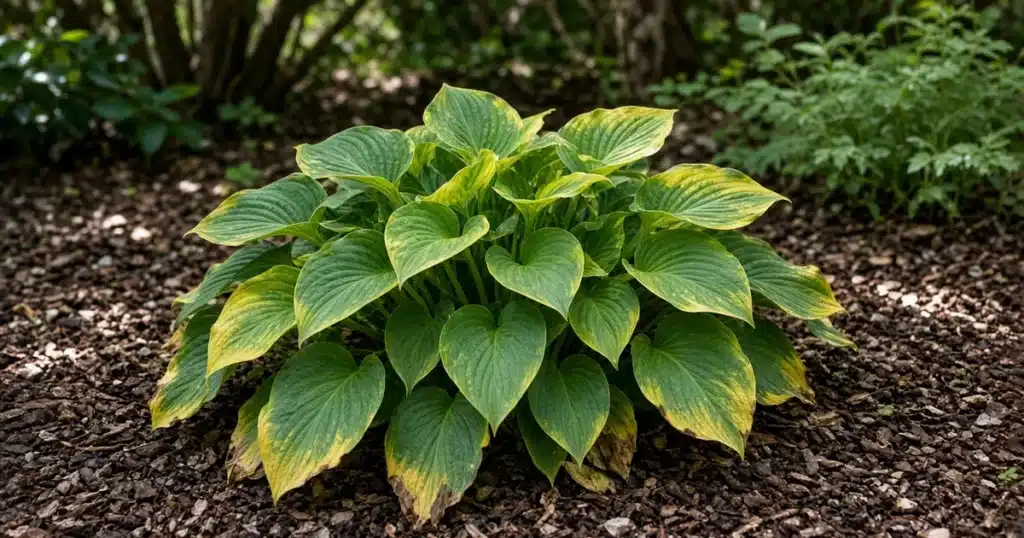 Hosta with yellowing leaves in a shade garden