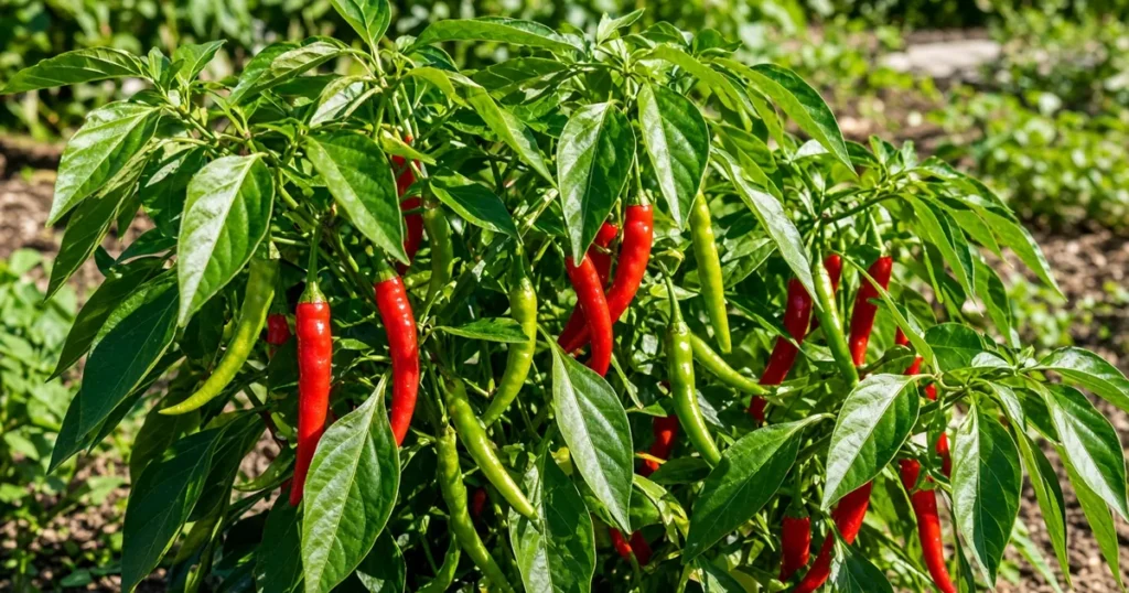 Chili pepper plant with long red and green peppers in sun