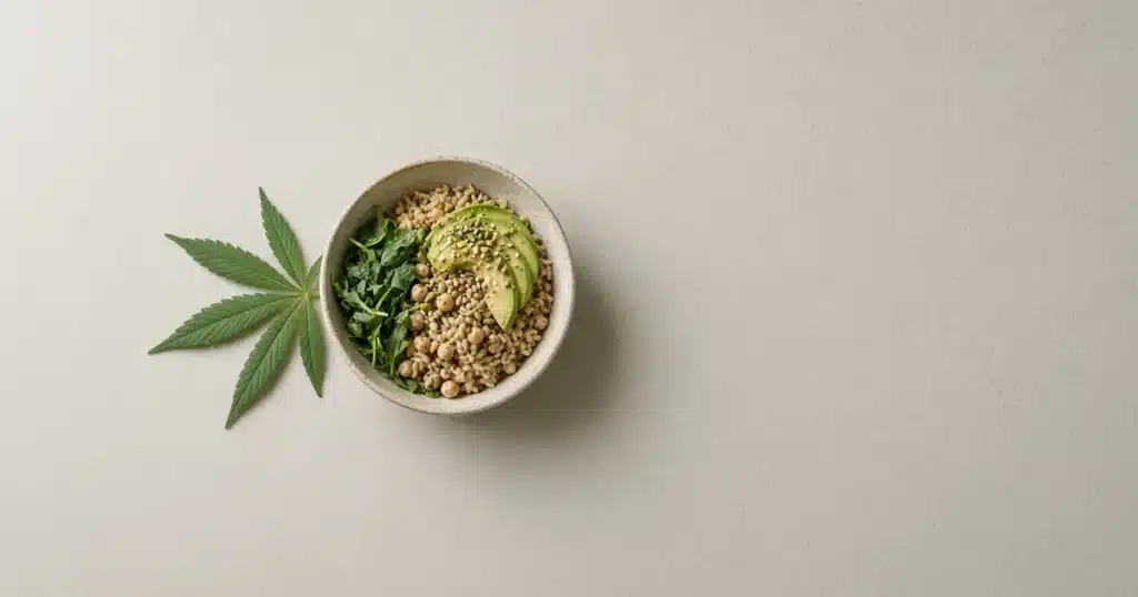 Cannabis leaf beside a bowl of fiber rich food