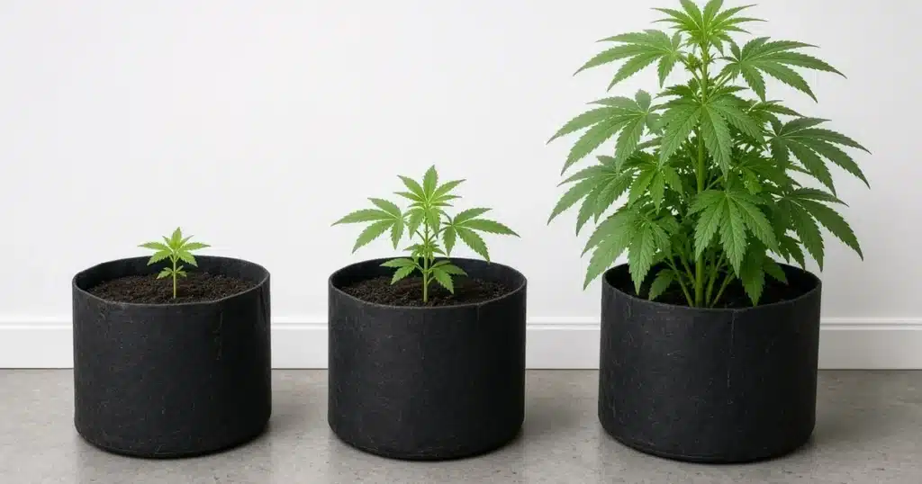 Row of cannabis plants at three sizes from small seedling to tall leafy plant showing growth over several weeks