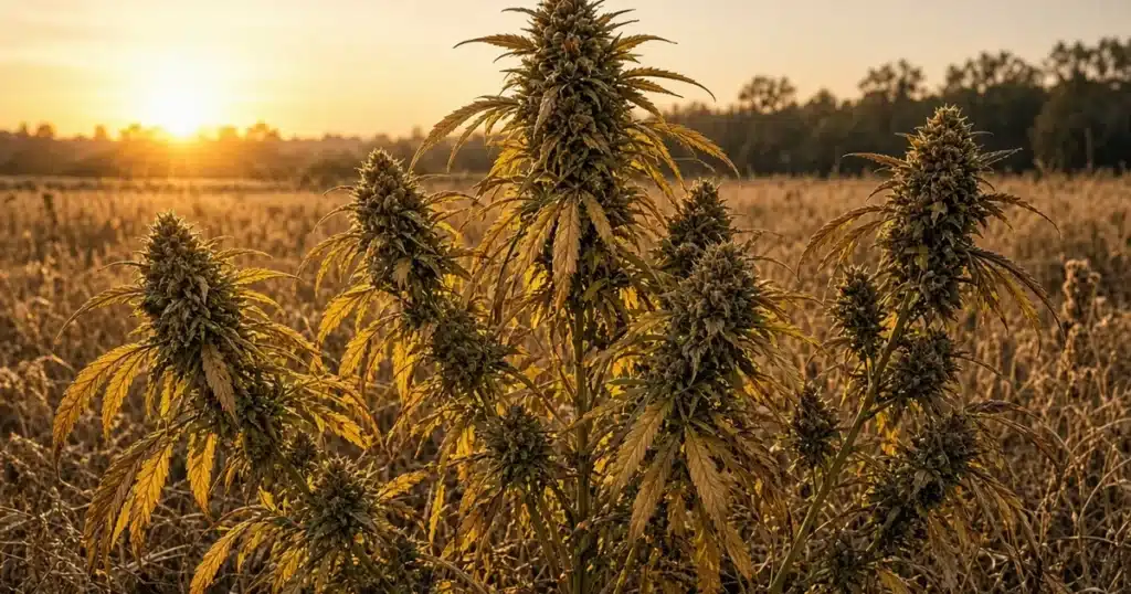 Tall mature cannabis plants with fading yellow leaves standing in an autumn field near the end of their season
