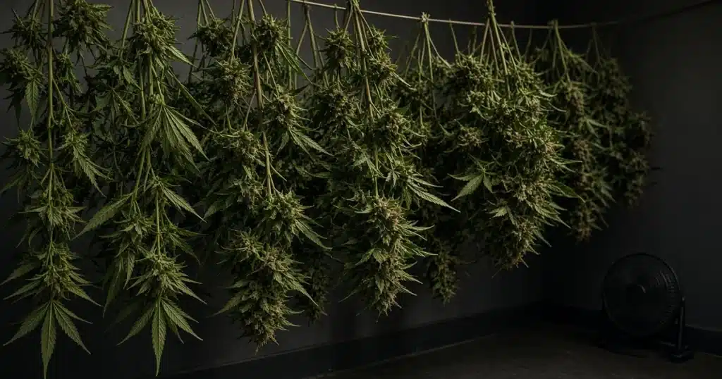 Cannabis branches with buds of different sizes hanging to dry in a dim room with a small fan in the corner