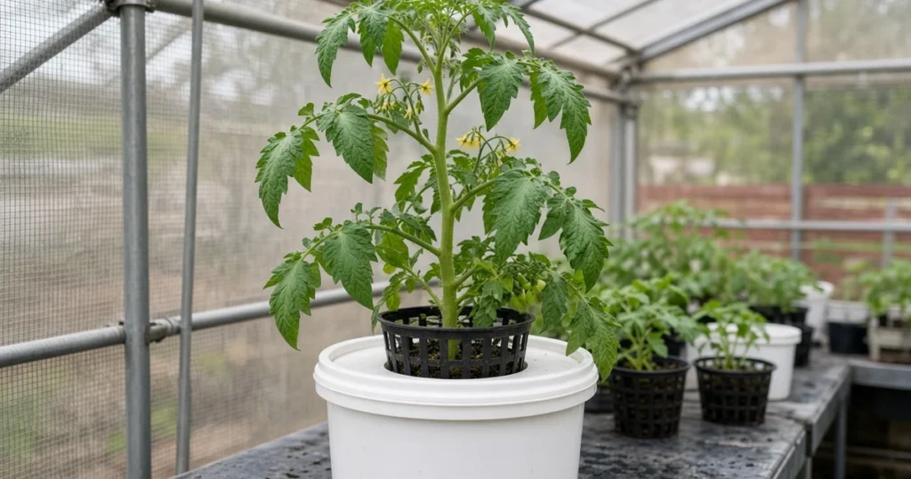 Five gallon bucket holding a single tomato plant in a net pot lid
