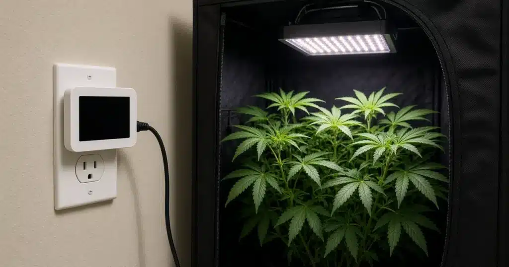 Energy monitor plugged into an outlet beside a grow tent with an LED grow light shining on cannabis plants