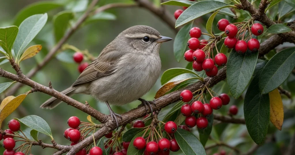 Songbird perched on a berry shrub in a garden