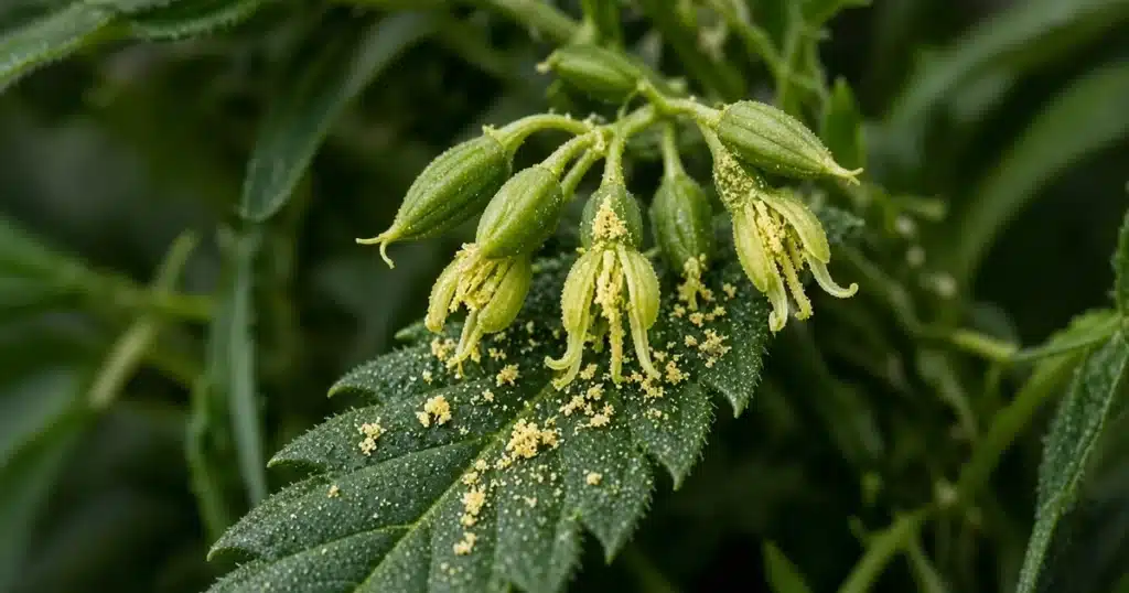 Male cannabis flowers releasing pollen