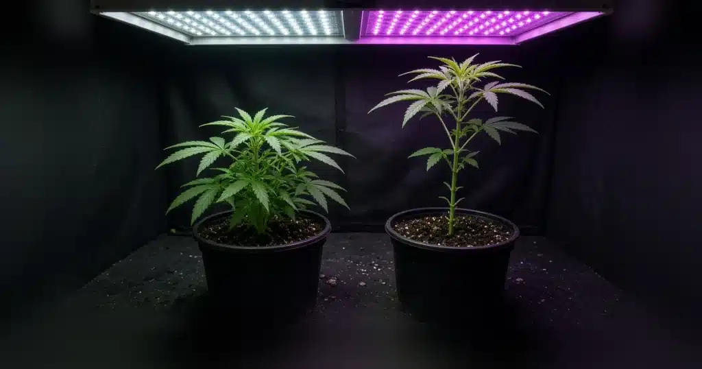 Compact cannabis plant next to a stretched, leggy plant