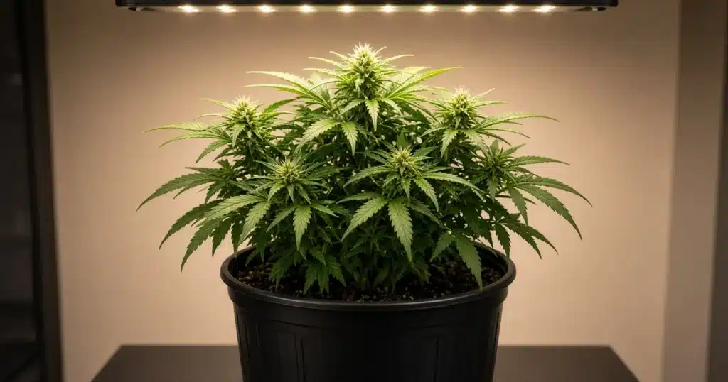 Compact cannabis plant with controlled stretch