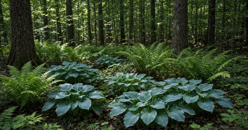Layered shade garden with ferns and hostas under trees