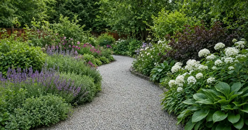 Backyard garden with a winding path and planted beds