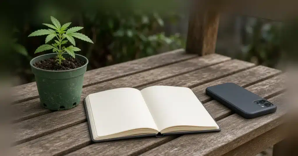 Grow log notebook beside a young cannabis plant
