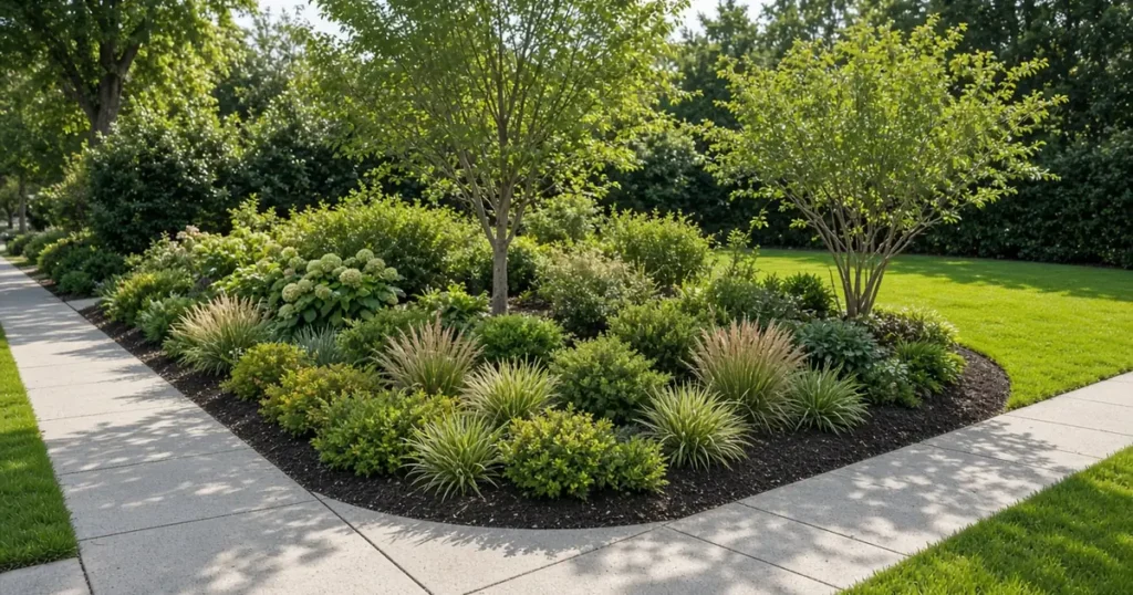 Corner lot garden with layered shrubs