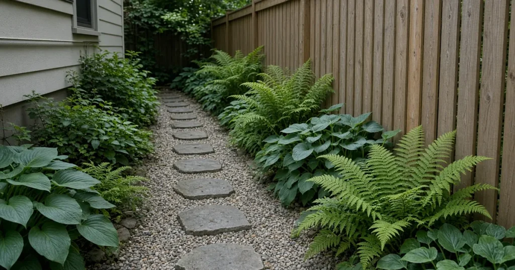 Narrow side yard with a gravel path