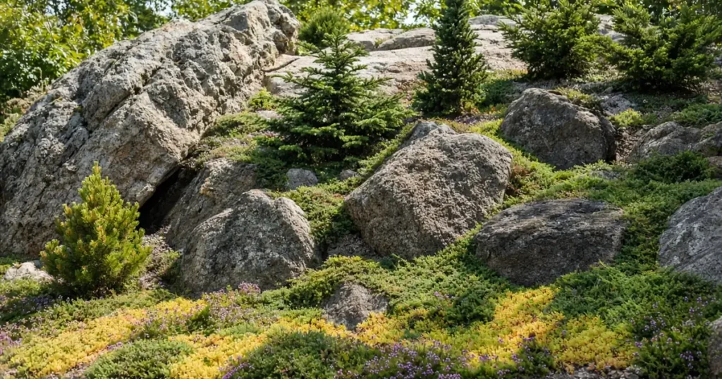 Rock garden with boulders and low plants