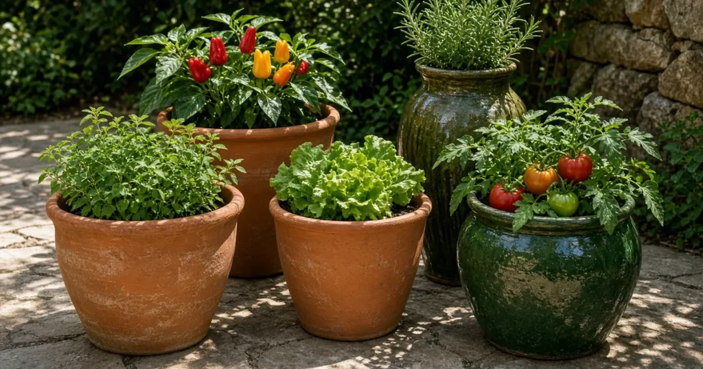 Group of vegetable containers on a sunny patio