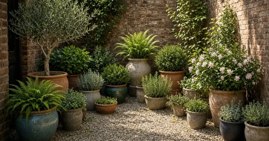 Small courtyard garden with containers
