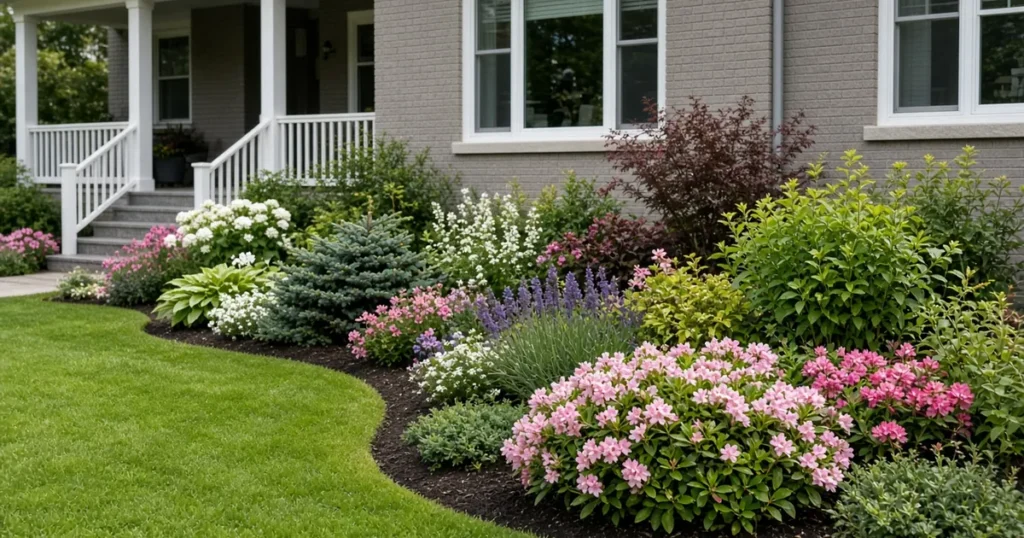 Front yard garden with edged beds and flowers