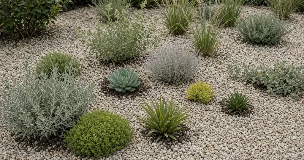 Gravel patio with planted pockets
