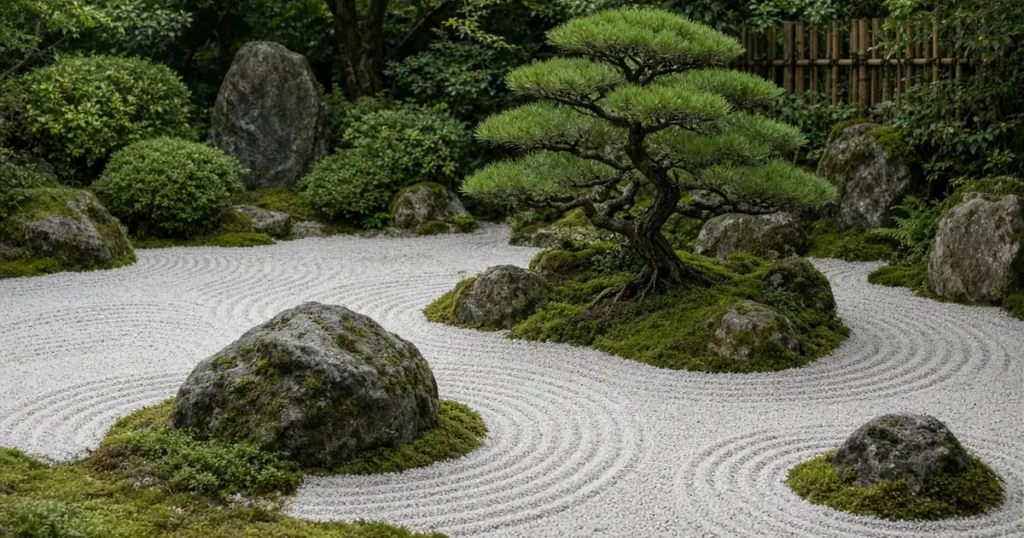 Small Japanese style garden with stones and raked gravel