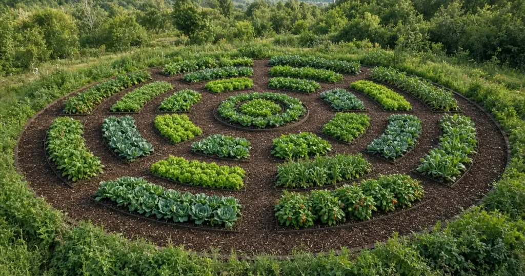 Circular mandala garden with curved beds
