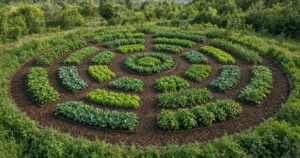 Circular mandala garden with curved beds