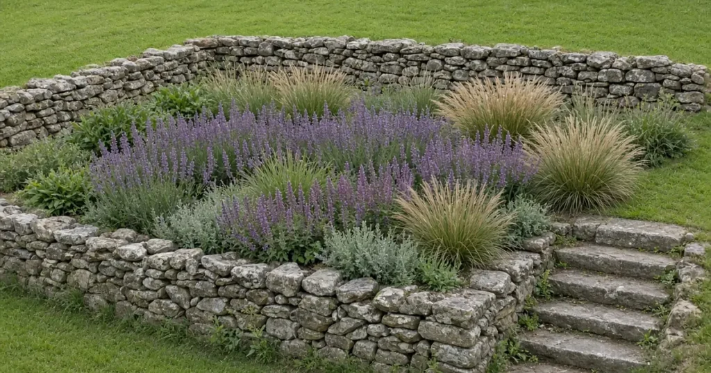 Sunken garden bed with stone edges