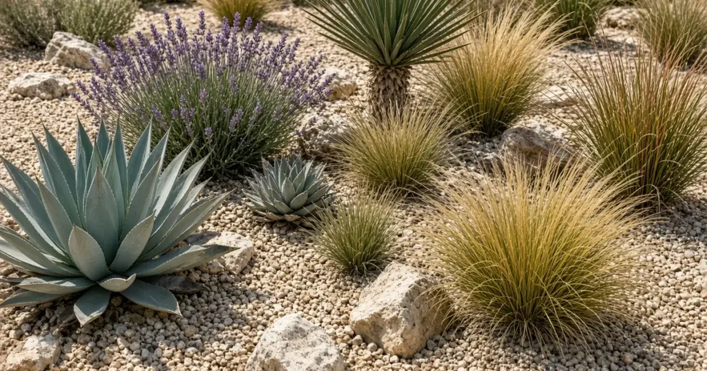 Xeriscape garden with drought tolerant plants
