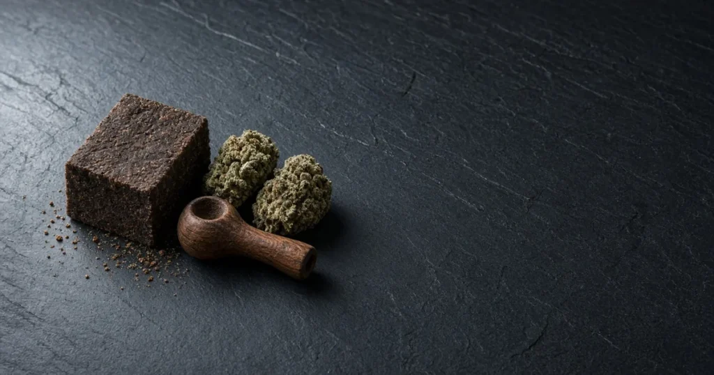 Block of pressed hash beside cannabis buds and a pipe