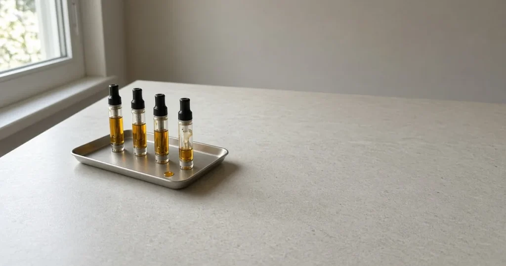 Unbranded vape cartridges with amber oil on a tray