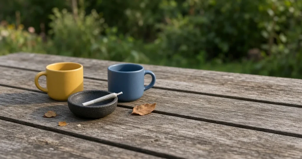 Two mugs and a joint in an ashtray on a garden bench