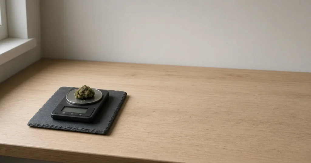 Tiny piece of cannabis on a digital scale