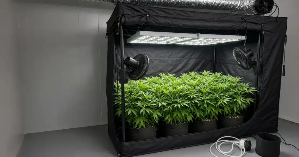 Tidy indoor cannabis grow room with fans and LED lights