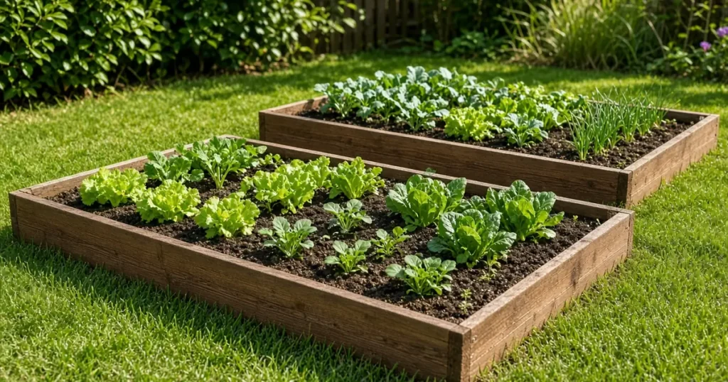 Small beginner vegetable garden in a sunny yard