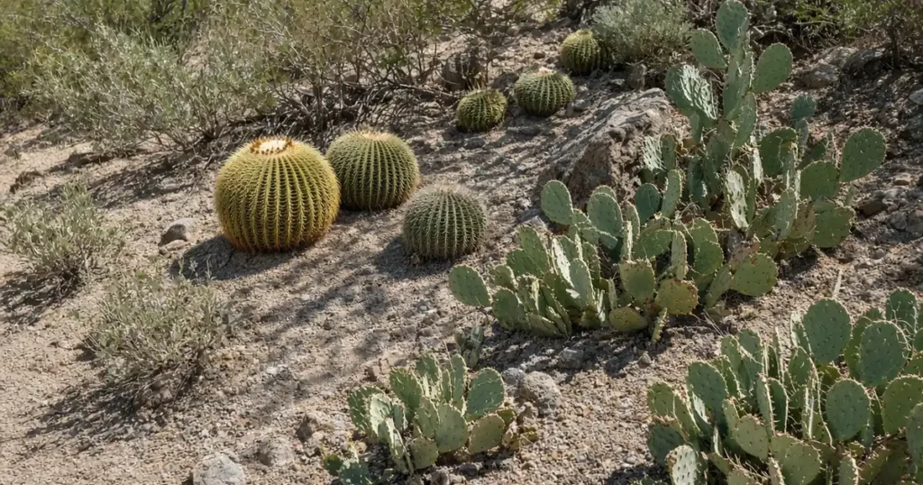 Outdoor cactus garden on a sloped bed