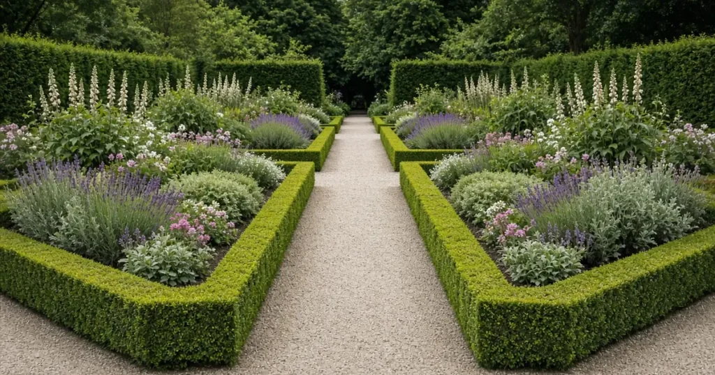 Formal garden with mirrored beds