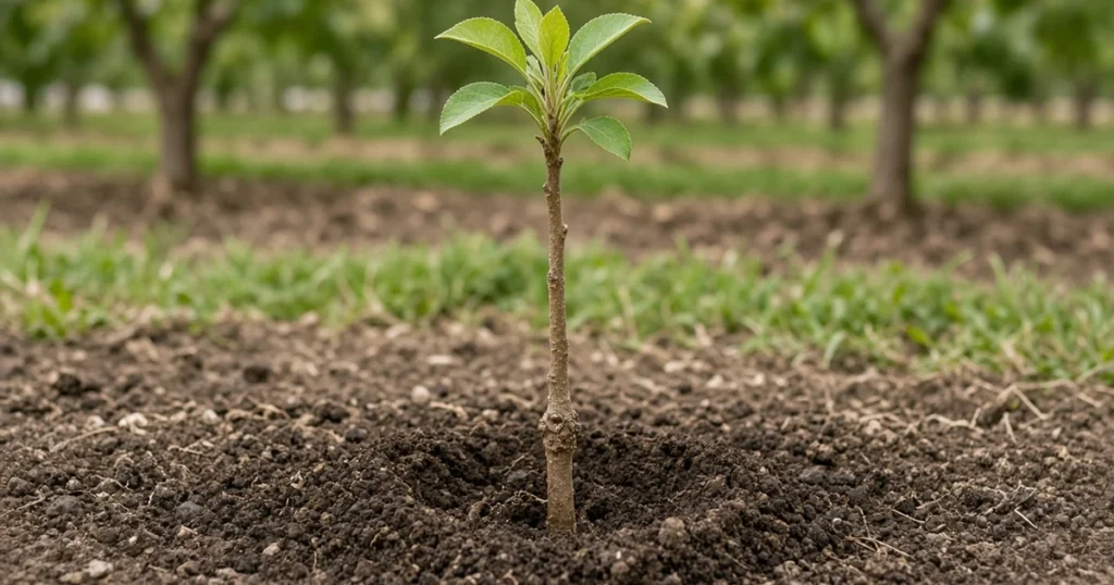 Young fruit tree planted with the graft union above soil