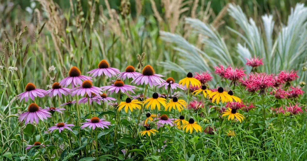 Native plant garden with flowers and grasses