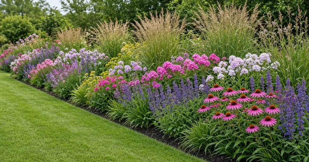 Layered perennial border in summer bloom