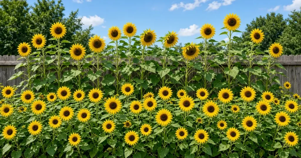 Sunflower bed with tall and short varieties in bloom