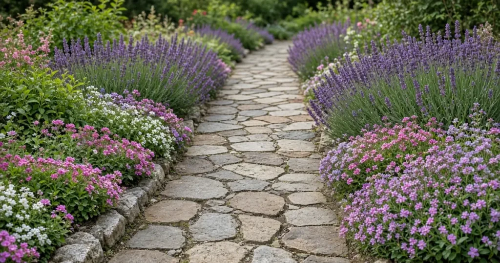 Low plants lining a garden walkway