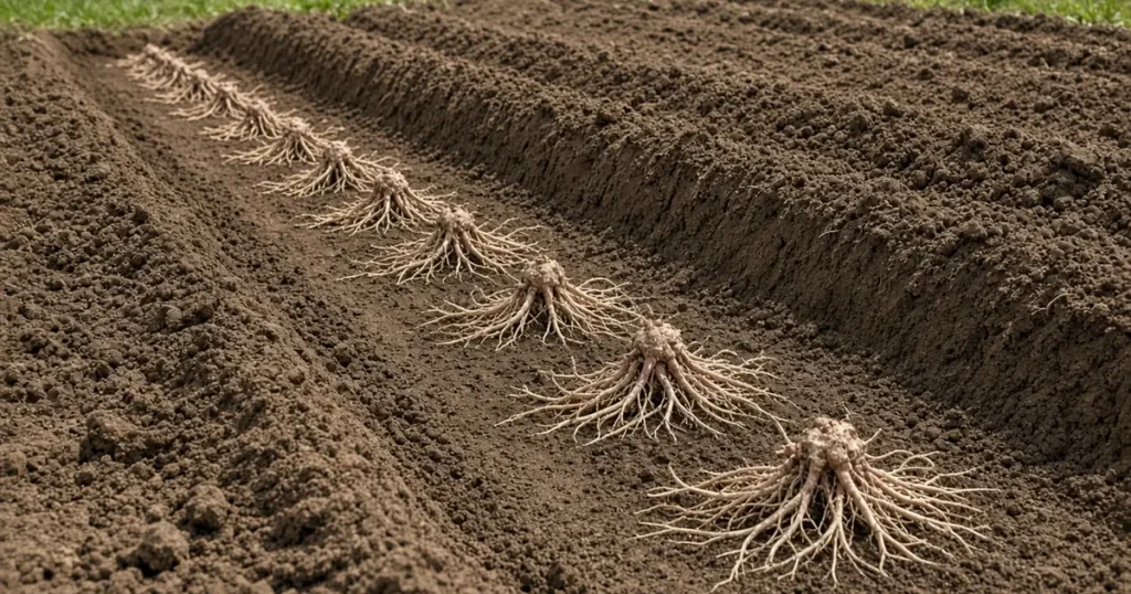 Asparagus crowns laid in a garden trench