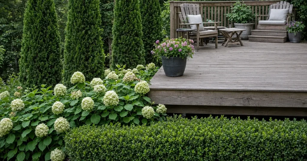 Deck edge with layered shrubs