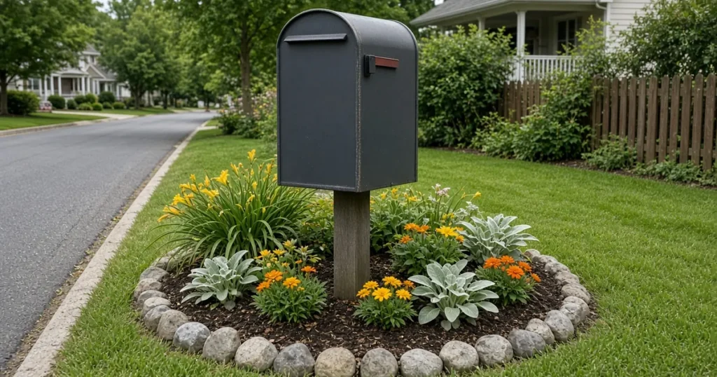 Small flower bed around a mailbox post